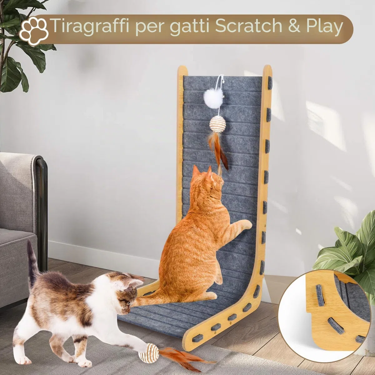Tiragraffi per gatti, a forma di L, in feltro e legno, con campanella a sfera, resistente, per proteggere le pareti dei mobili, grigio