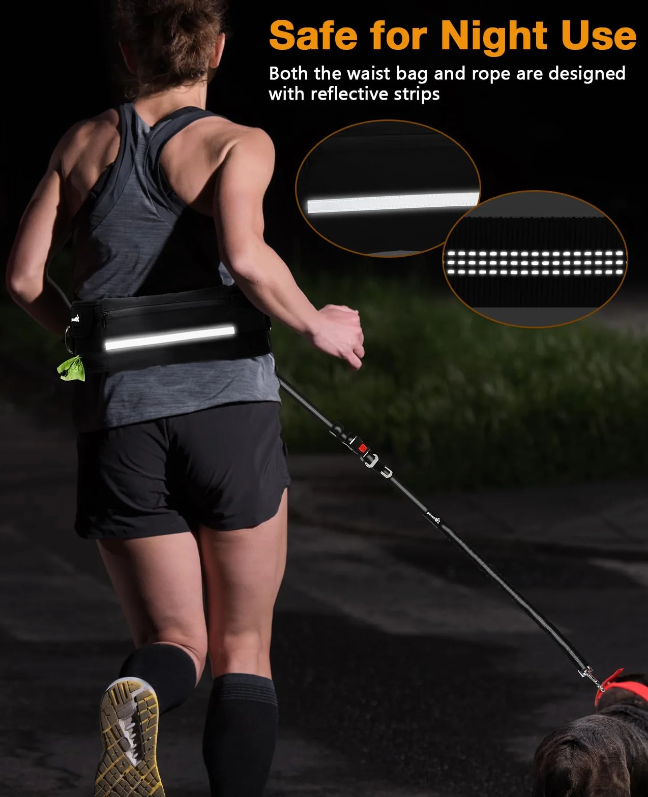Pecute Guinzaglio Mani Libere per Cani,Guinzaglio per Cani, Camminata, Allenamento, Escursionismo, Cintura in Vita Regolabile e Custodia per l'acqua, per Corsa, Jogging,Nero