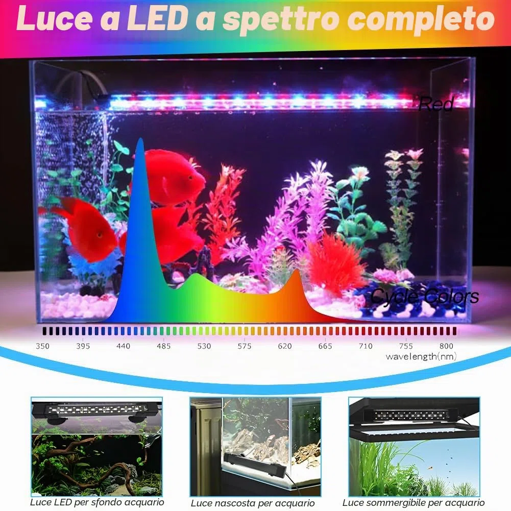 Illuminazione LED per acquario, illuminazione 24/7 a spettro completo con timer, 10 livelli dimmerabile, timer regolabile 6/10/12 ore