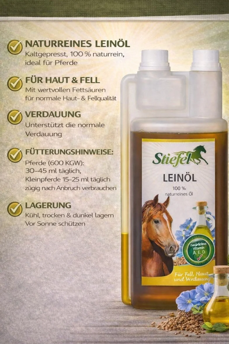 Stiefel Olio di lino, confezione doppia, 2 × 1 l, mangime complementare per cavalli, 100% puro naturale