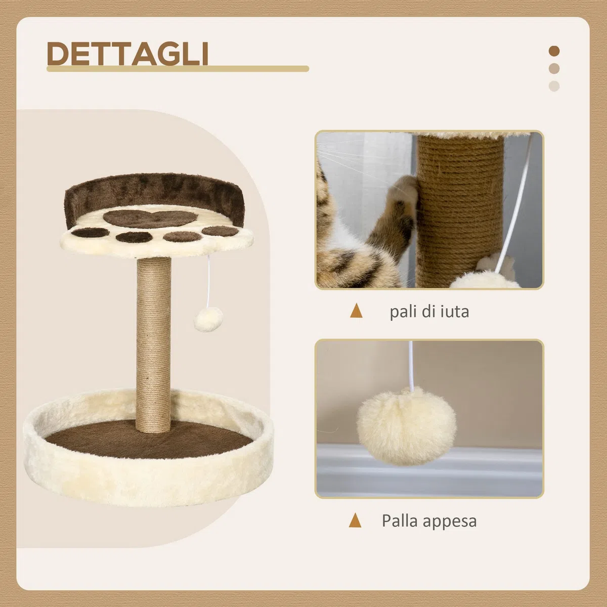 PawHut Albero Tiragraffi per Gatti da 5kg con Lettini e Pallina, Palestra per Gatti con Rivestimento in Peluche e Corda di Juta, 41x41x44 cm, Marrone e Beige