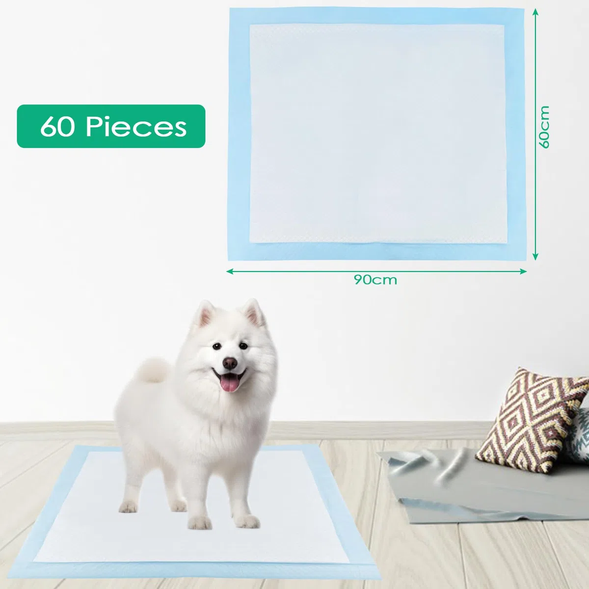 60 Pezzi Tappetini Igienici per Cani, 60 x 90cm Design a 5 Strati a Prova di Perdite con Superficie ad Asciugatura Rapida, Traversina Tappetino Cane Pipi Assorbenti Igienico l'Addestramento
