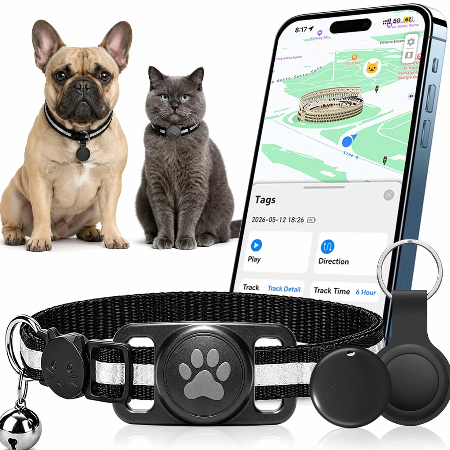 Collare GPS Gatto 2026 – GPS per Cani Flessibile e Senza Abbonamento, Localizzatore GPS per Cani e Gatti con Tracciamento in Tempo Reale e Design Impermeabile, Compatibile con iOS/Android (Nero)