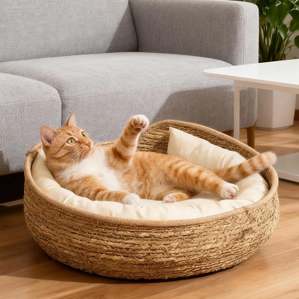 Cuccia per gatti in rattan, 35 cm, rotonda, in rattan fatto a mano, con in cotone, per tutte le stagioni