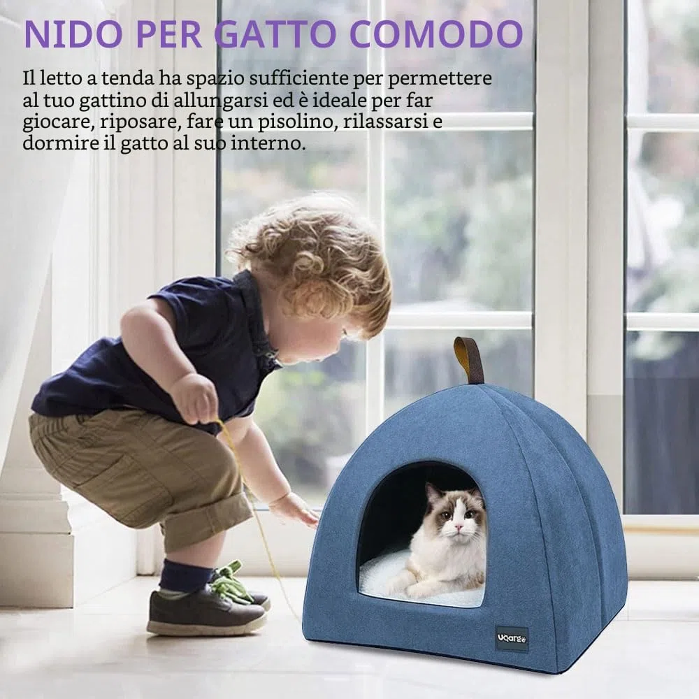 Voarge Letti per gatti, grotta morbida, in pile caldi, con cuscino interno rimovibile e lavabile, blu, Small