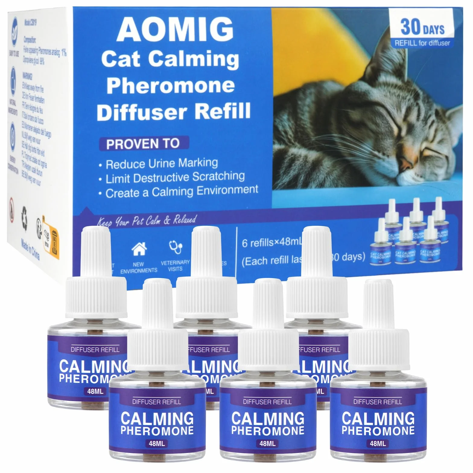Aomig Calmante per Gattiper Antistress, 6 x Ricariche da 48 ml, Diffusore Calmante Gatti, Diffusore Feromoni per Gatti, Feromoni per Gatti