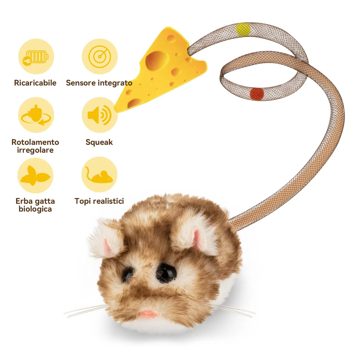 Migipaws Giocattolo interattivo per gatti, topolino elettrico con coda che si muove, sensore intelligente, squittio, giocattolo per gatti con erba gatta, ricaricabile