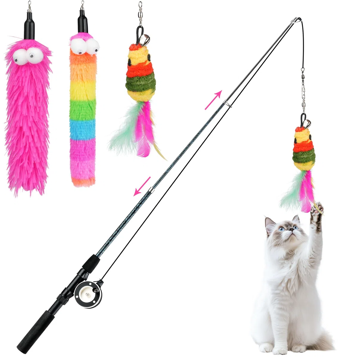 Pawaboo Bacchetta Teaser per Gatti, Canna da Pesca per Gatti con Confezione da 3 Ricariche con Piume, Giocattolo con Piume Retrattile a 3 Sezioni con Carrucola e Campanellino, Arcobaleno + Rosa Rossa