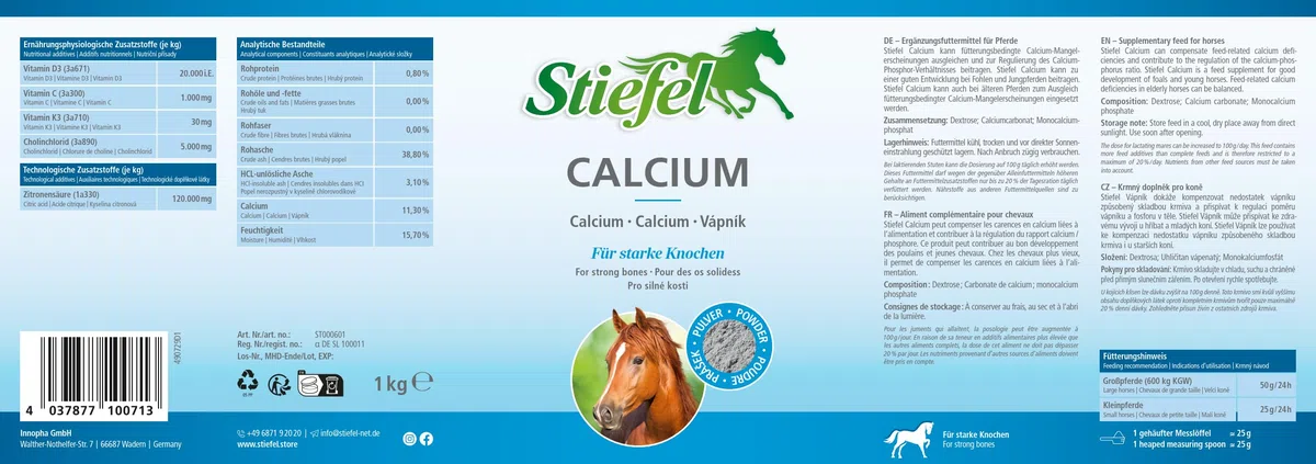 Stiefel Calcio per cavalli, additivo per mangimi di alta qualità, può sostenere ossa sane e la crescita, ideale per puledri e cavalli giovani, composizione di calcio, vitamina D3, vitamina K3 e
