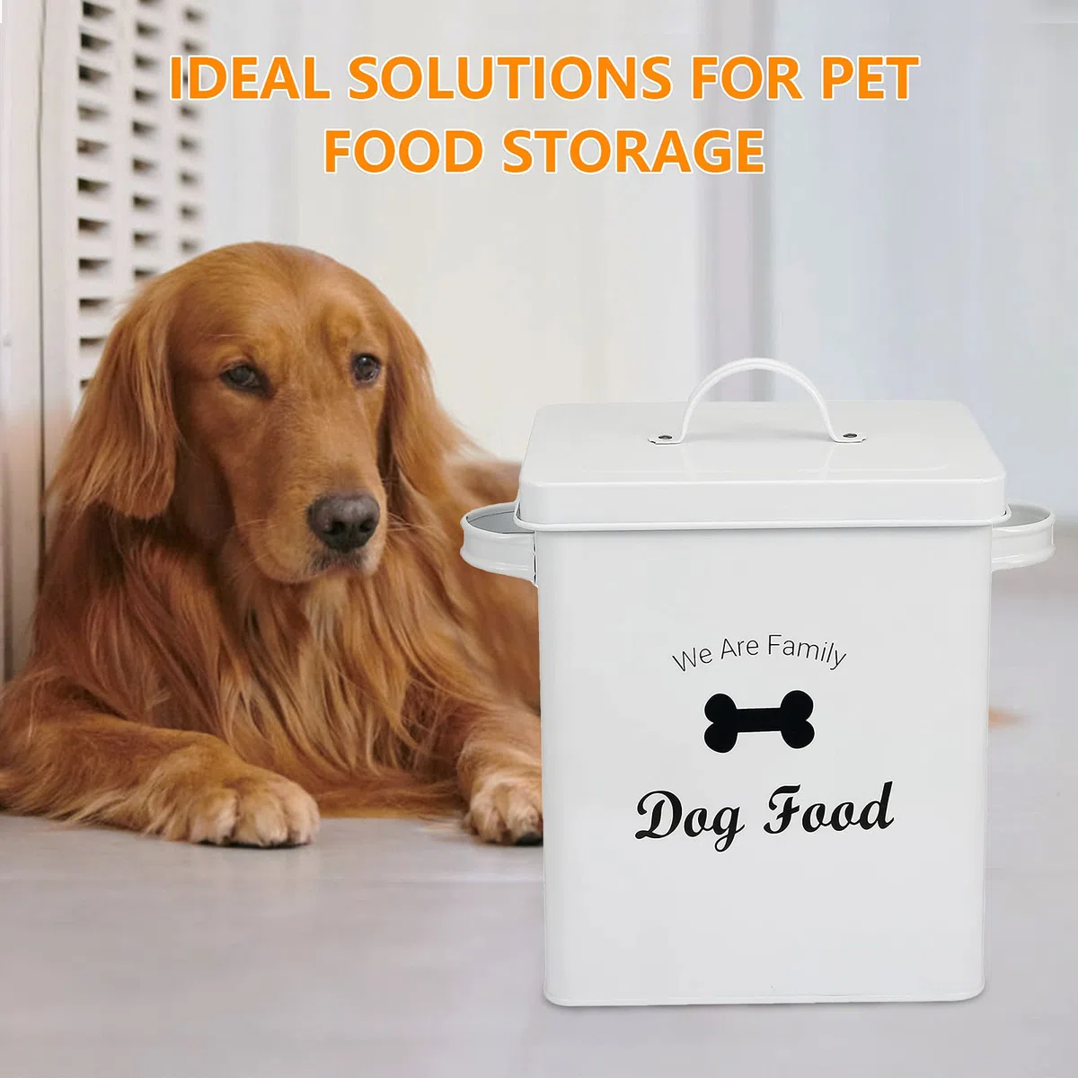 Pethiy Contenitore crocchette Cibo e Trattare per Cani, con Coperchio e Paletta, capacità 2,3 kg, Contenitore per Alimenti in Metallo per Animali Domestici-Bianco-Dog Food