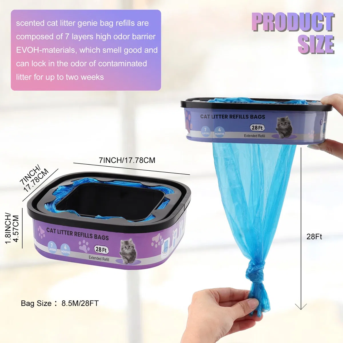 compatibili con i modelli Litter Genie Standard,Plus,XL e Style Box Refills,Controllo dell'odore super potente，Ricarica per Gatti，8,5 m per confezione, 2 ricariche