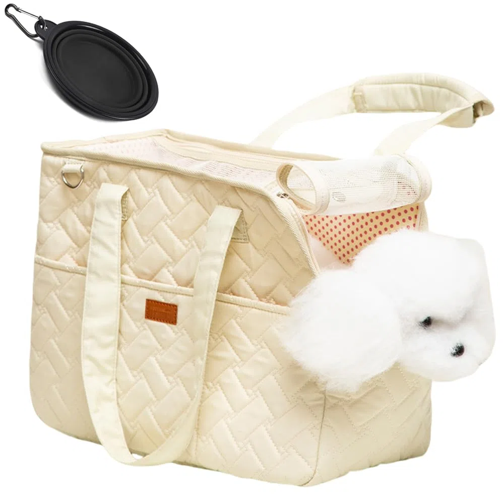 Porta Borsa per Cani per Cani di Piccola Taglia,Conigli e Gatti con Tasche Laterali, Tracolla Lunga,Borsa in Cotone,35 * 25 * 15,5cm,Trasportino per Cani con Lati Morbidi,1 Ciotola Pieghevole.