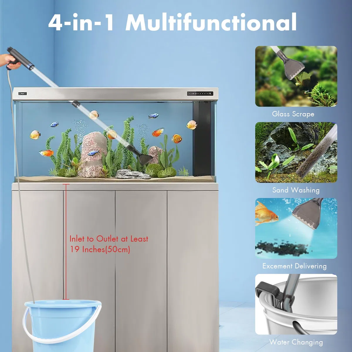 Aspiraghiaia per acquari, 4 in 1 Pulizia Acquario Multifunzionale, regolabile manuale Pulizia Acquario Ghiaia, Cambia Acqua per acquari, Cambio Acqua, Pulizia Sabbia, Rimozione Sporco, Filtraggio