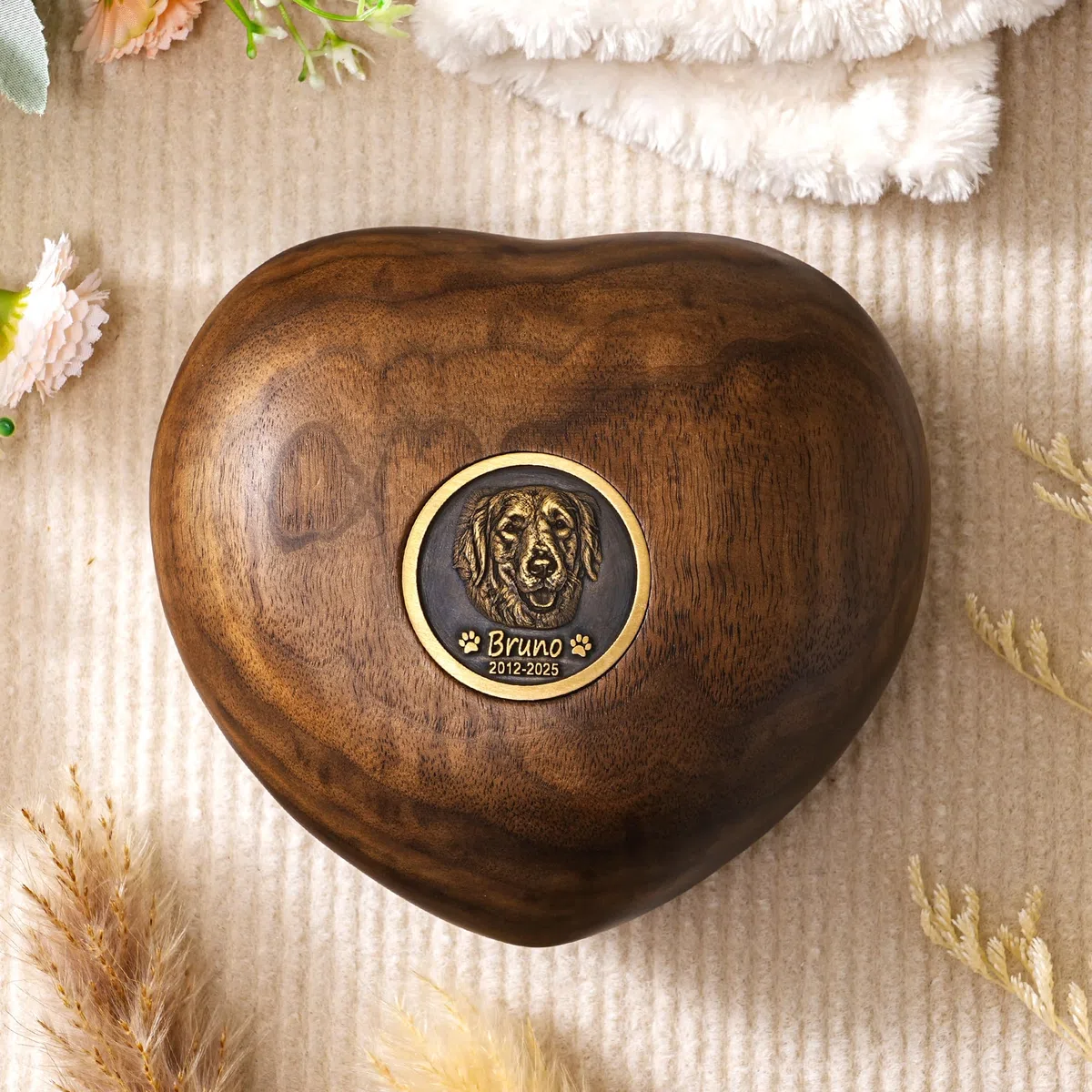 Urna commemorativa per animali domestici con intarsio in ottone personalizzato, urna in legno a forma di cuore con foto, ricordo per cani e gatti, regalo per la perdita di animali domestici