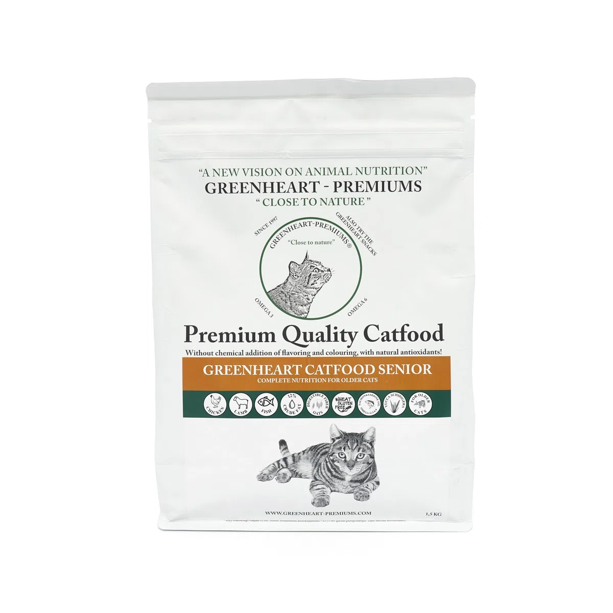 GREENHEART-PREMIUMS | Crocchette per gatti anziani | SENIOR CON PESCE E RISO | Senza Glutine | Prodotto Premium | 100% Ingredienti Naturali | Senza Coloranti Aromi e Antiossidanti Chimici (1,5 kg)