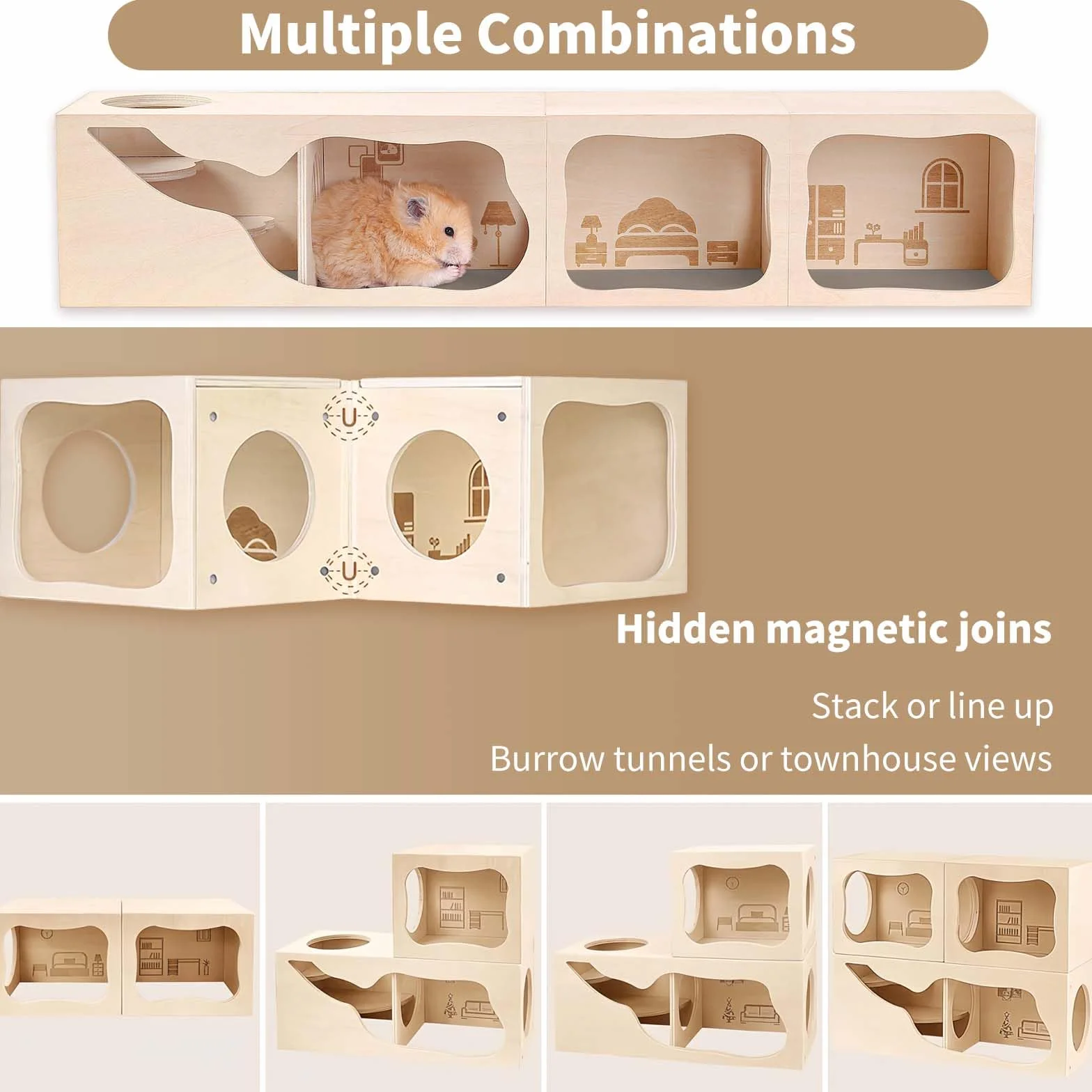Tana Modulare in Legno per Criceti Marchul - Casa con Tunnel per Criceti Nano, Siriano, Gerbilli, Topi, Ratti - Gioco Esplorativo e Arredo per Soggiorno