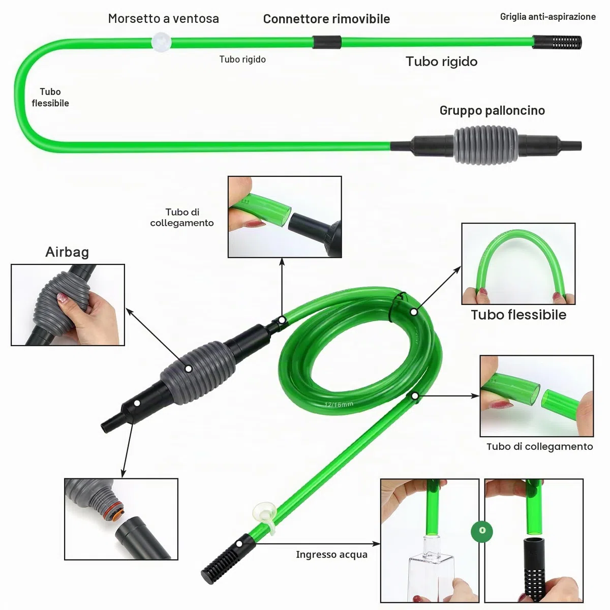 LPZMPZ Sifone per Acquario, Aspiratore Acquario, Pulizia Acquario Ghiaia, Cambio d'Acqua per Acquario, Detergente per Ghiaia per Acquari Kit con sifone per Acquari e Tartarughiere(2.8m)