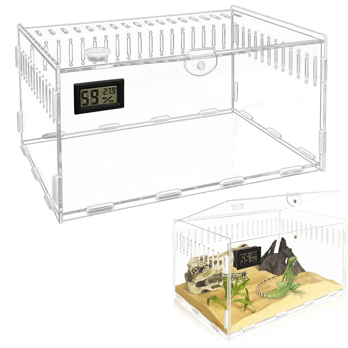 Terrario per Rettili, Scatola di Alimentazione, Terrario portatile, trasparente, in Acrilico per Spide, Lucertola, Scorpione Contenitori, 30cm x 20cm x 15cm