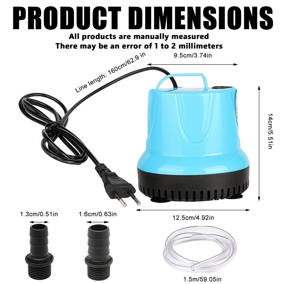 Mini pompa sommergibile da 35 W, 2000 l/h, piccola, ultra silenziosa, per acquario, con 3 ugelli e tubo da 1,5 m da 12 mm, pompa per fontana per laghetti, acquari, giardini, fontane (blu)