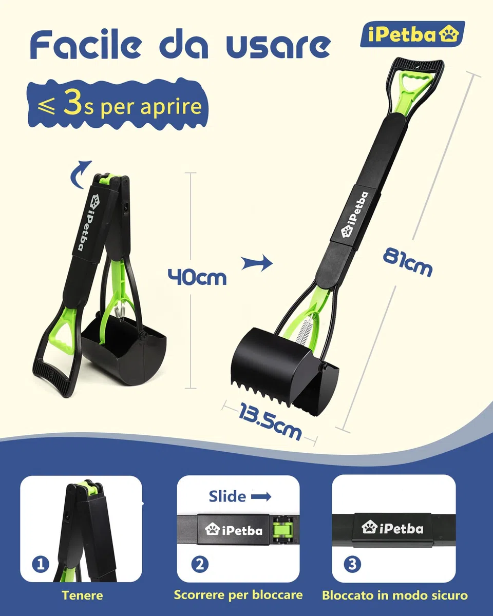 80 cm Raccogli Cacca Cane Manico Lungo Senza Piegarsi Paletta Raccogli Cacca Cani Pieghevole Pooper Scooper per Ghiaia, Terreno, Erba