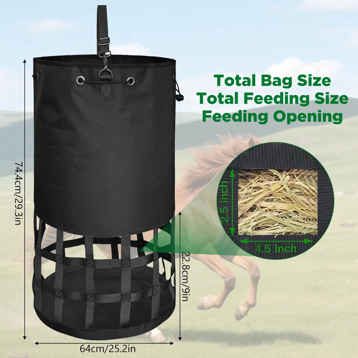 Rete da fieno a maglia stretta per cavalli, zaino XXL di alta qualità, con 10 kg di peso e maglie di 6,5 cm di larghezza, estremamente robusta per stalla, paddock e trasporto, occupazione adatta e