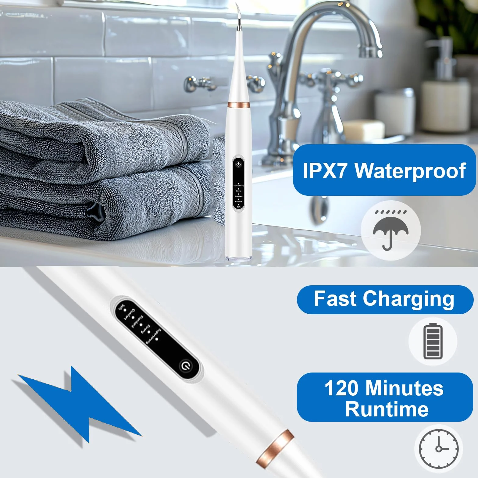 Pulitore Dentale a Ultrasuoni per Cani e Gatti Bianco – 5 Modalità con LED, Rilevamento Gengive, IPX7, Ricaricabile USB-C, Kit Completo