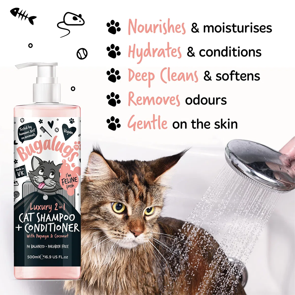 Bugalugs Shampoo e balsamo per gatti 2 in 1. Detergente, nutriente e condizionante per tutti i peli di gatto. Profumo calmante alla papaya e cocco. Per tutti i gatti e gattini. Toelettatura di gatti e