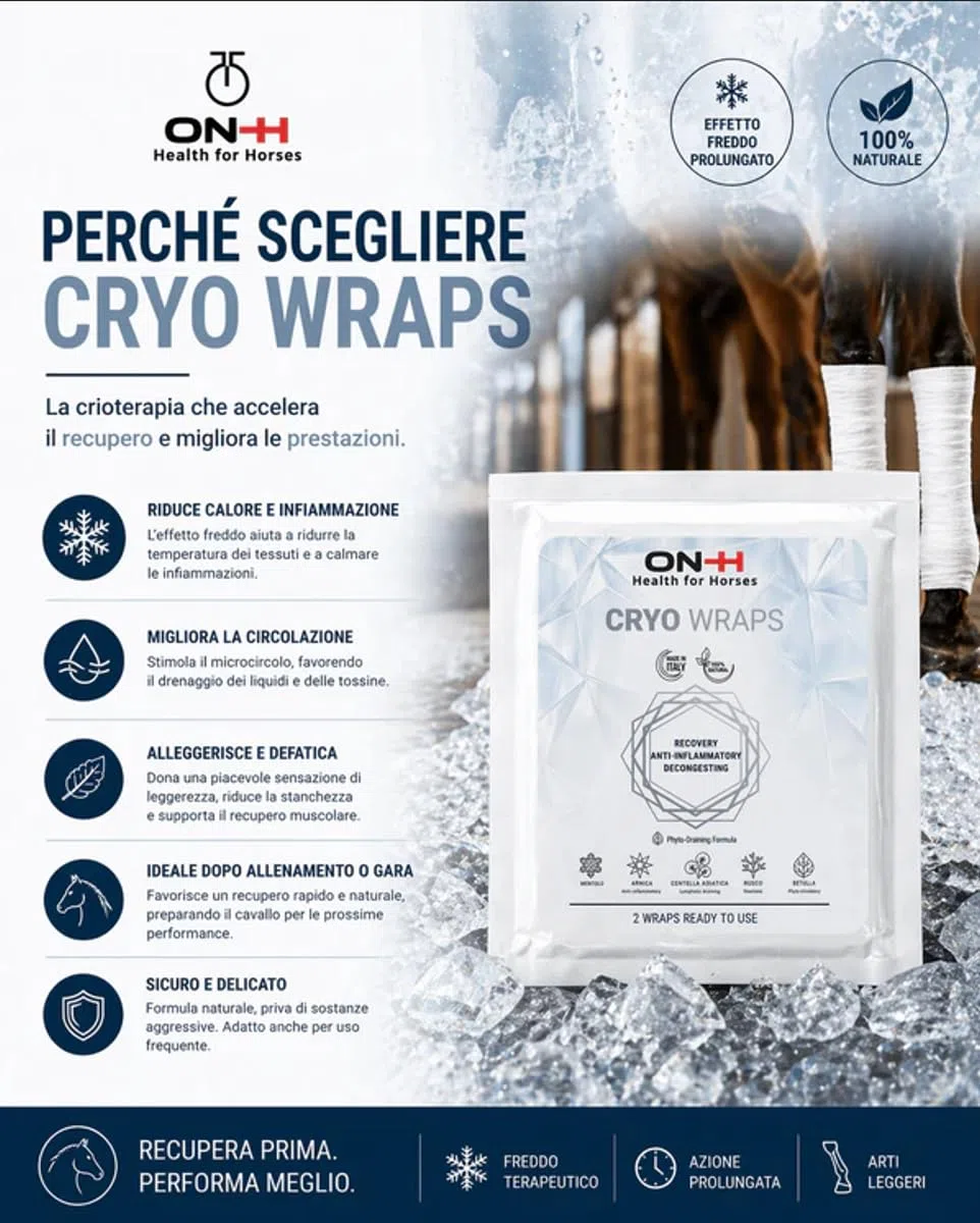 ON-H Cryo Wraps Bendaggi Rinfrescanti per Cavalli – Azione Decongestionante e Defaticante Arti – con Arnica, Centella Asiatica, Rusco e Betulla – 2 Bendaggi Ready to Use Made in Italy