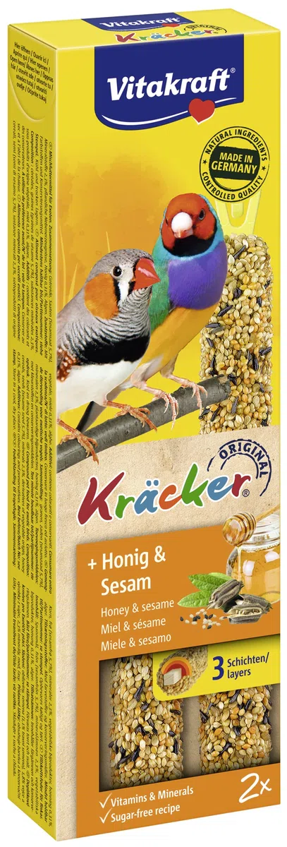Vitakraft Kräcker, Snack per Uccelli, per Uccelli esotici, Bastoncini da sgranocchiare, con Miele e Sesamo, da Appendere nella gabbietta, Senza l'aggiunta di zuccheri (10x 60g)