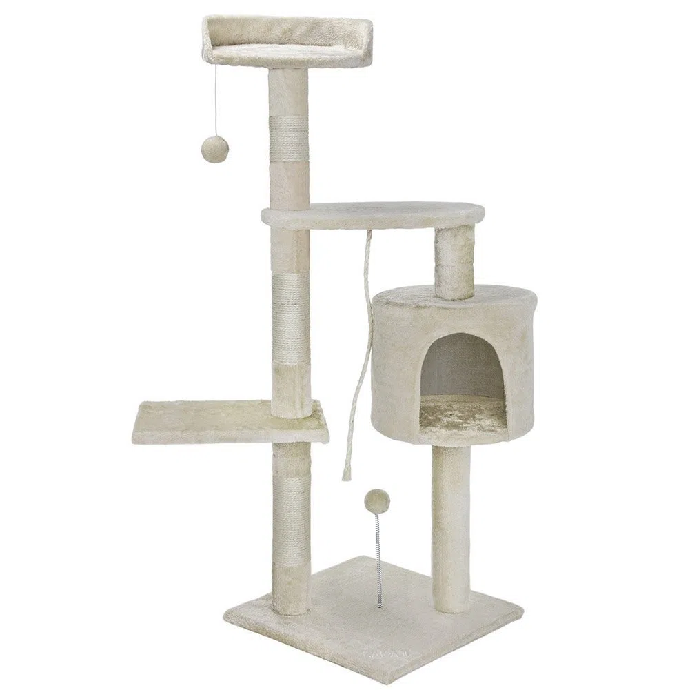 Bakaji Albero Tiragraffi per Gatti in Sisal e Peluche Parco Giochi Gatto con Cuccia Pali Graffiatoio e 3 Piattaforme Dimensioni 112 x 67 x 55 cm (Crema)