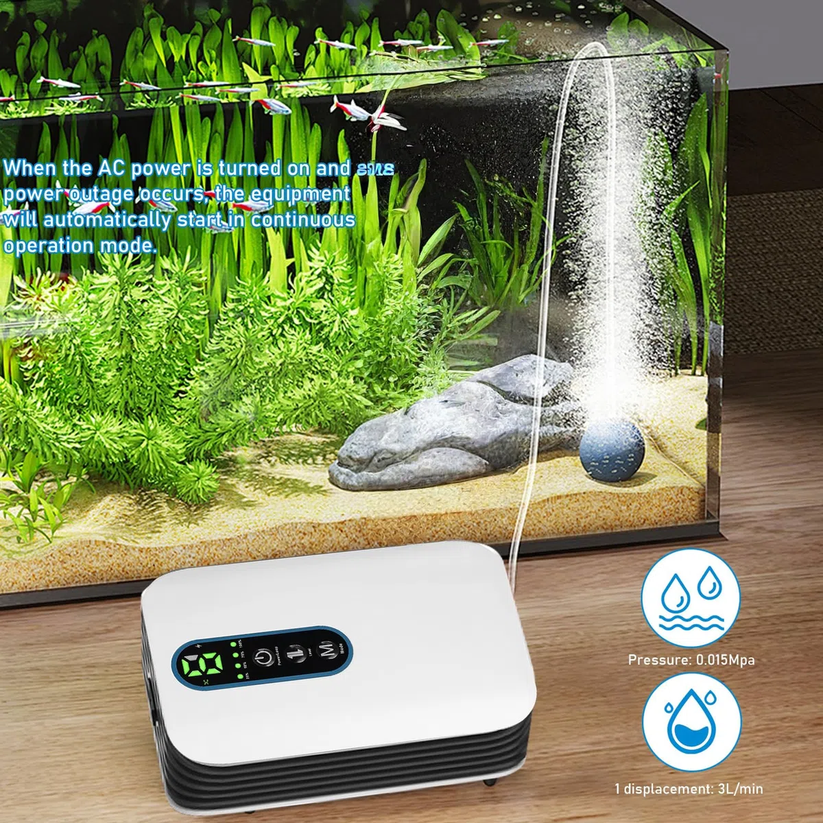 Pompa ad aria per acquario, pompa ad ossigeno 2600 mAh, batteria 3 l/min, flusso d'aria regolabile in 6 livelli, ultra silenziosa USB per acquari, laghetti da giardino, attività di pesca all'aperto