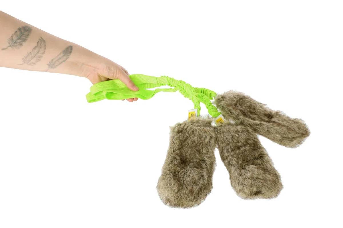 DINGO Set: 3 x Giocattoli da Caccia in Pelliccia Sintetica – Teaser con Squittio, Manico Elastico 55 cm, per Agility, Addestramento del Cane, Corsa e Gioco, Verde (Z30028)