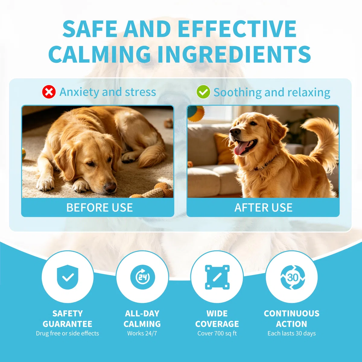 Calmante per Cani Diffusore + 2 Ricariche 48ml, Feromoni Tranquillanti Antistress, Ideale per Cani Ansiosi e Iperattivi, Riduce Stress ed Abbaio, Copertura Fino a 70 m²