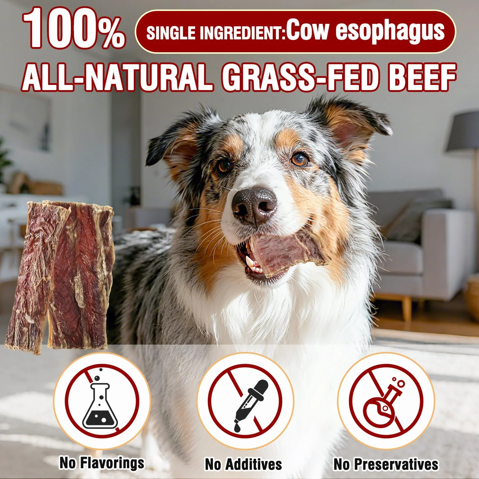 Snack per cani a base di esofago di manzo, snack masticabili naturali e salutari a ingrediente unico per cani, snack masticabili ad alto contenuto proteico e di lunga durata，80G