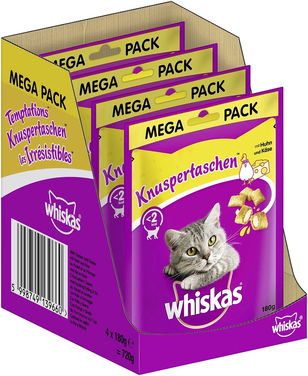 Whiskas Snack per gatti con pollo e formaggio, confezione da 4 pezzi, 4 x 180 g, per gatti adulti