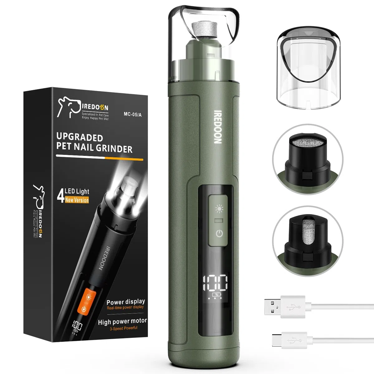 IREDOON Smerigliatrice per unghie migliorata per cani, lima elettrica professionale a 3 marce super silenziosa per animali domestici con 4 luci a LED, cura delle zampe e levigatura indolore per cani