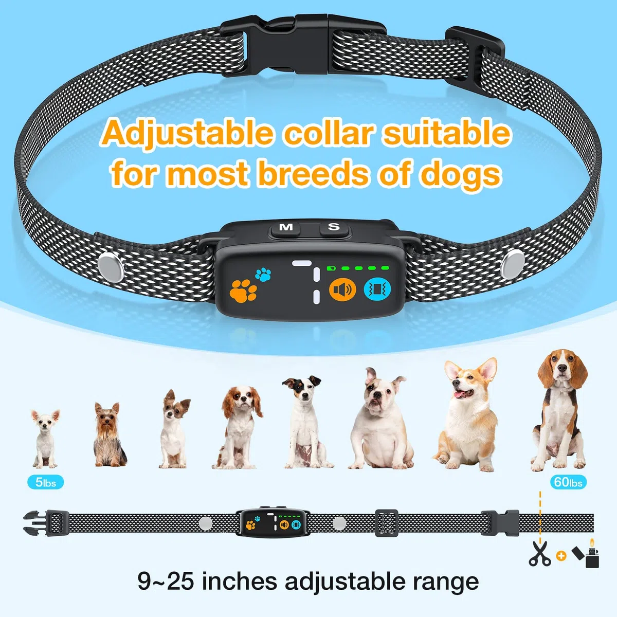 Collari Anti Abbaio per Cani, Collare Anti Abbaio Senza Scossa con Beep e Vibrazione, 5 Livelli di Sensibilità, Collare Anti Abbaio Ricaricabile per Cani Piccoli e Medi, Impermeabile IP67