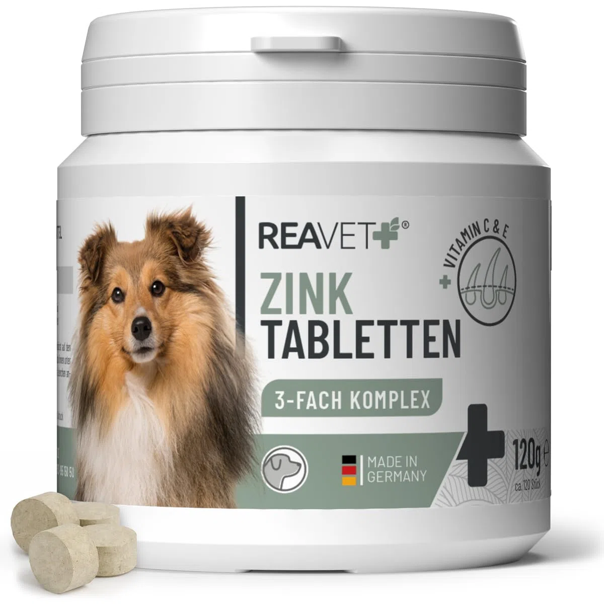 ReaVET 120 compresse di zinco per cani – ad alto dosaggio con vitamina C & E, compresse di zinco Plus vitamine per pelle secca, perdita di capelli, zinco cane per artigli e pellicce