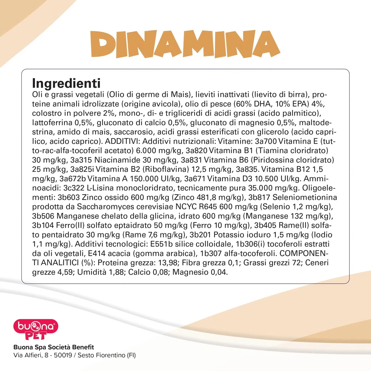 Buona Pet Dinamina Mangime Complementare 60g con Siringa, Sostegno Sistema immunitario e Multivitaminico Cane e Gatto, con L-Lisina, Arginina, Colostro, Lattoferrina, Amminoacidi e Oligoelementi