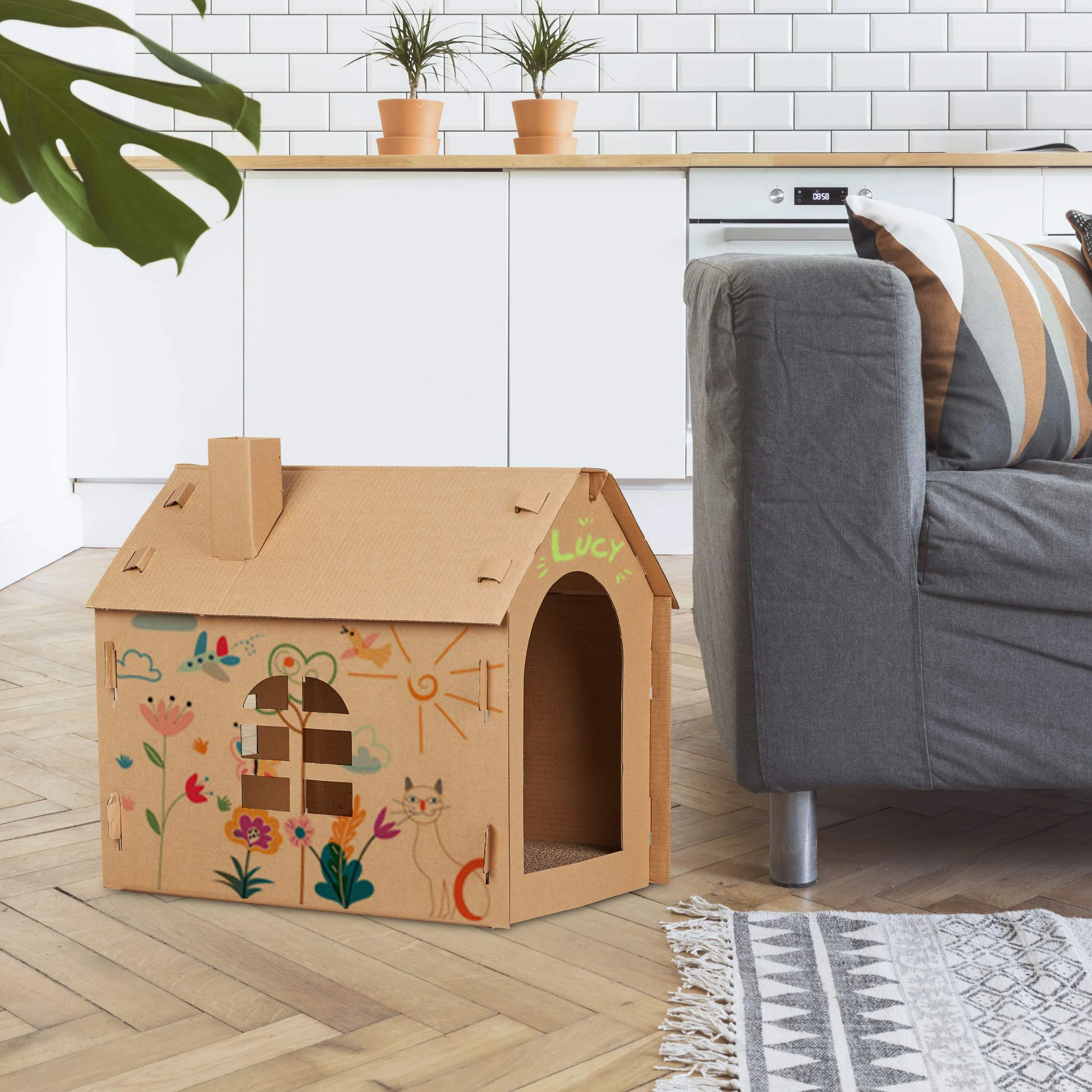 Relaxdays Casetta di Cartone per Gatti, Cuccia, Scatola per Animali Domestici, Tunnel Gioco, 46 x 36,5 x 42,5 cm,Marrone