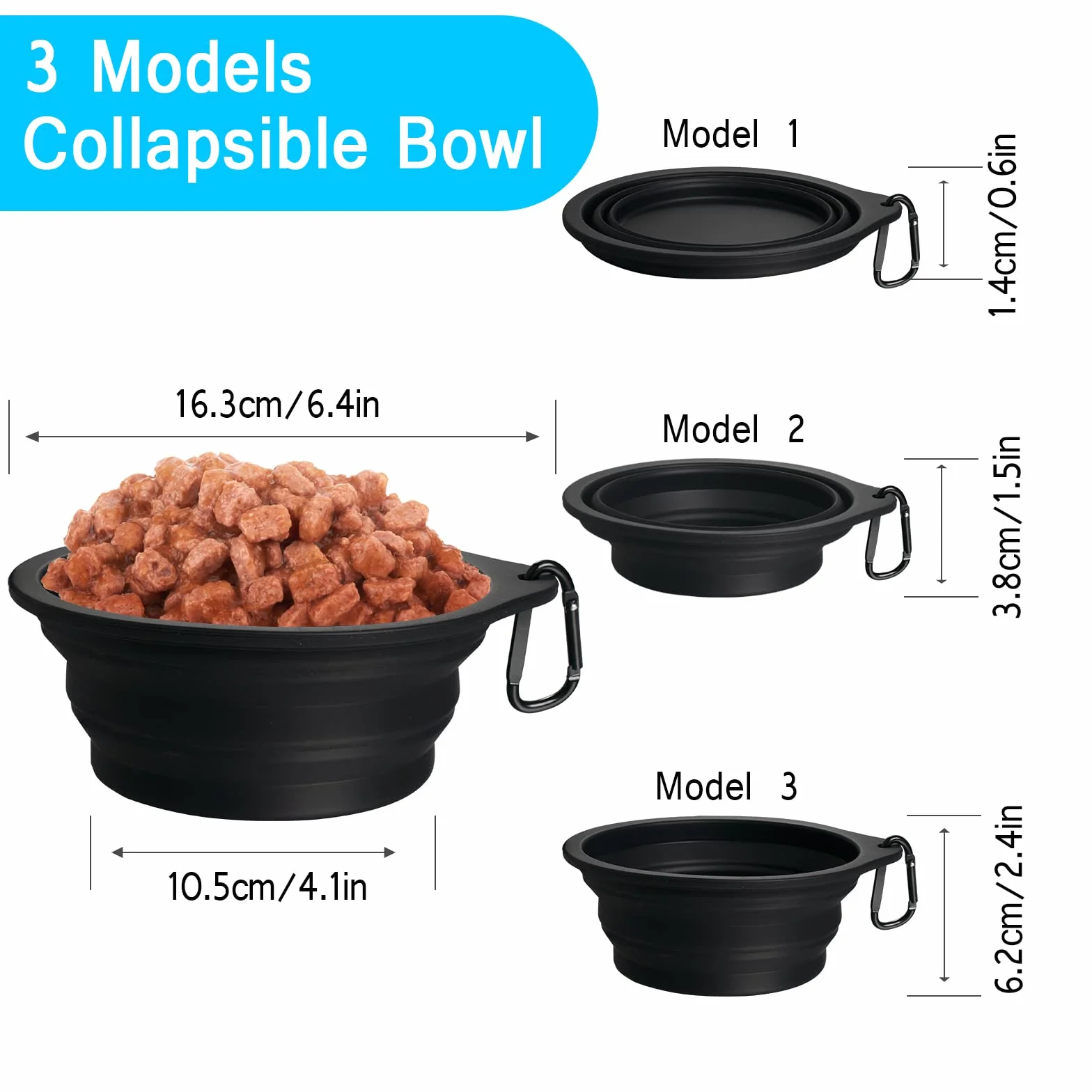 PetBonus Ciotole Pieghevole per Cani da Viaggio in Silicone, Ciotola da Viaggio Portatile con Moschettone, Piatto per Cibo e Acqua per Cani e Gatti, Lavabili in Lavastoviglie