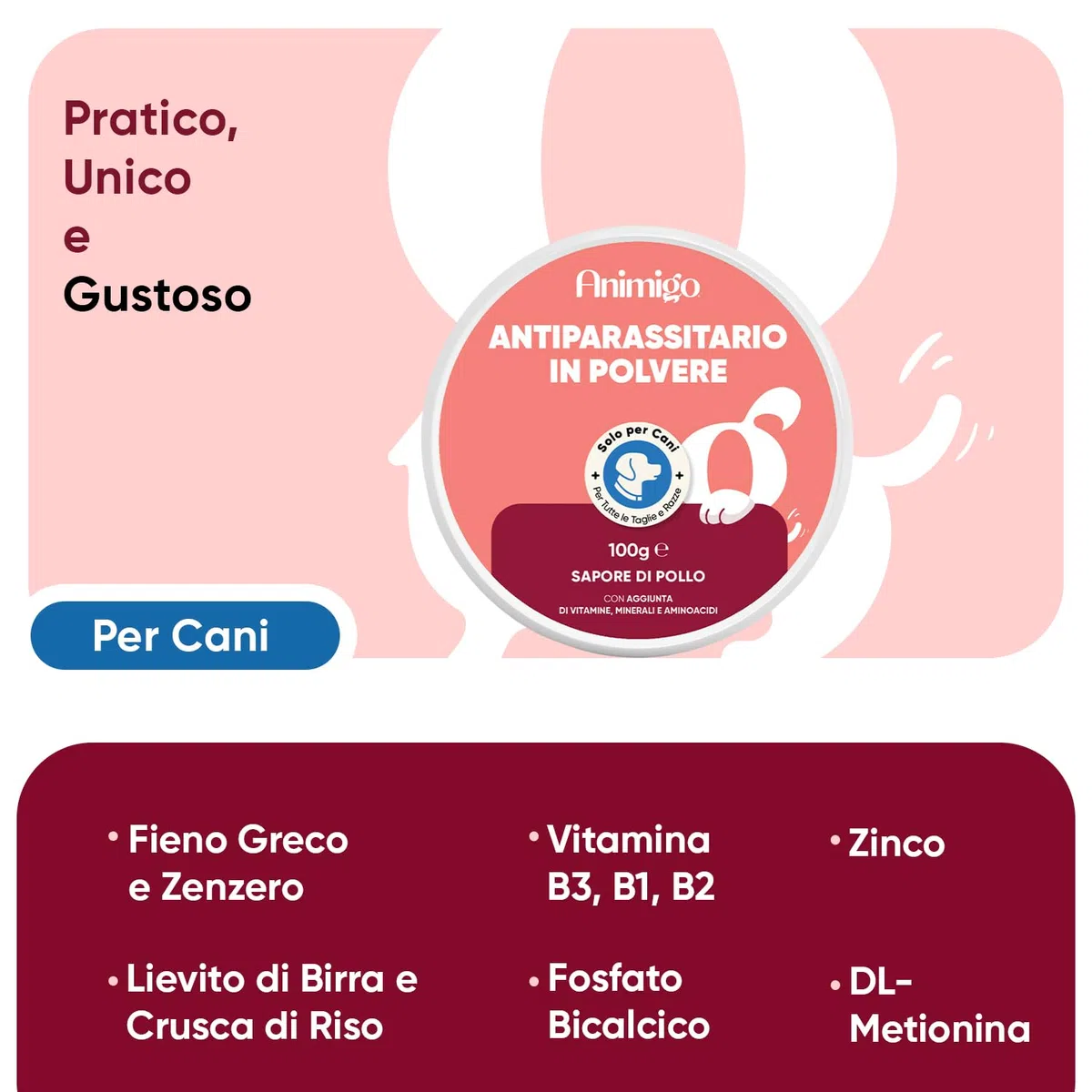 Antiparassitario Cani in Polvere (100g), Formula 100% Naturale, per Immunità ed Equilibrio Digestivo, Antipulci per Cani con Fieno Greco, Zenzero, Vitamine, Minerali e Aminoacidi, all'Aroma di Pollo