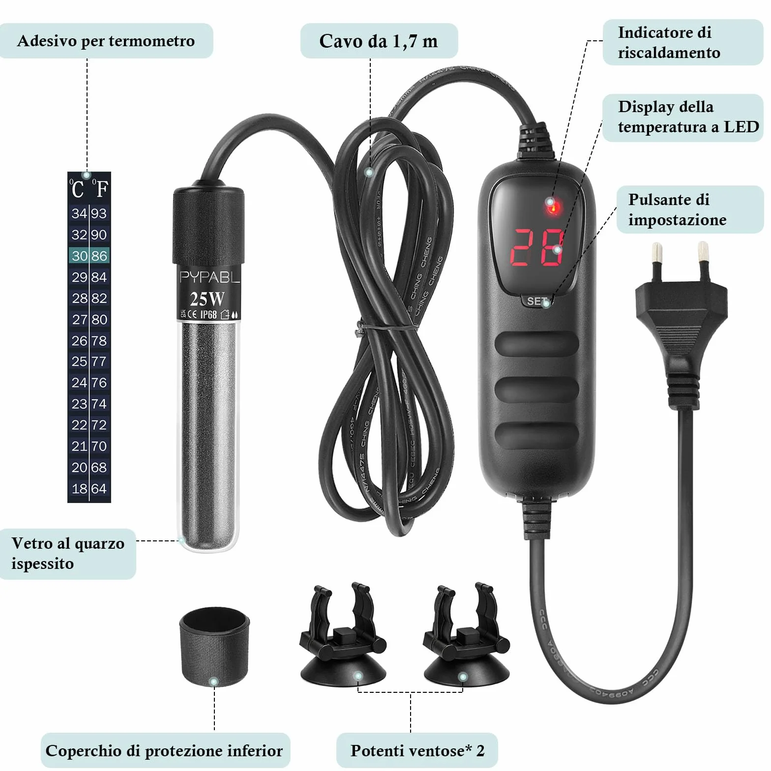 Mini Riscaldatore per Acquario, 25W 50W 100W Piccolo Riscaldatore per Acquario Sommerso con Controller Esterno per Vasca Pesci e Tartarughe da 3-100L(25W per 3-20L)