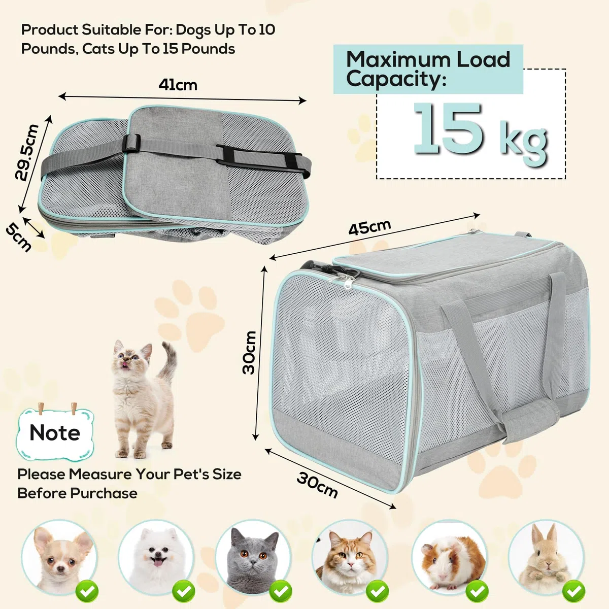 Cozary Trasportino Portatile per Gatto Cani Piccoli Pieghevole Leggero con Cuscino Tracolla Regolabile e Borsa Laterale Trasportino Rigido per Auto (45x30x30cm, Grigio)