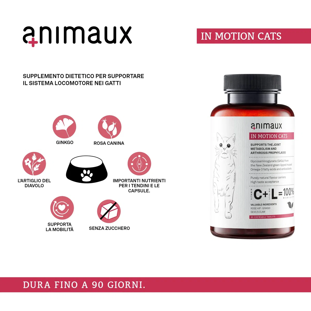 animaux In Motion Cats - Integratore Alimentare per Gatti per Ossa, articolazioni e cartilagini - 60 compresse masticabili - con cozza dalle Labbra Verdi, Artiglio del Diavolo collagene