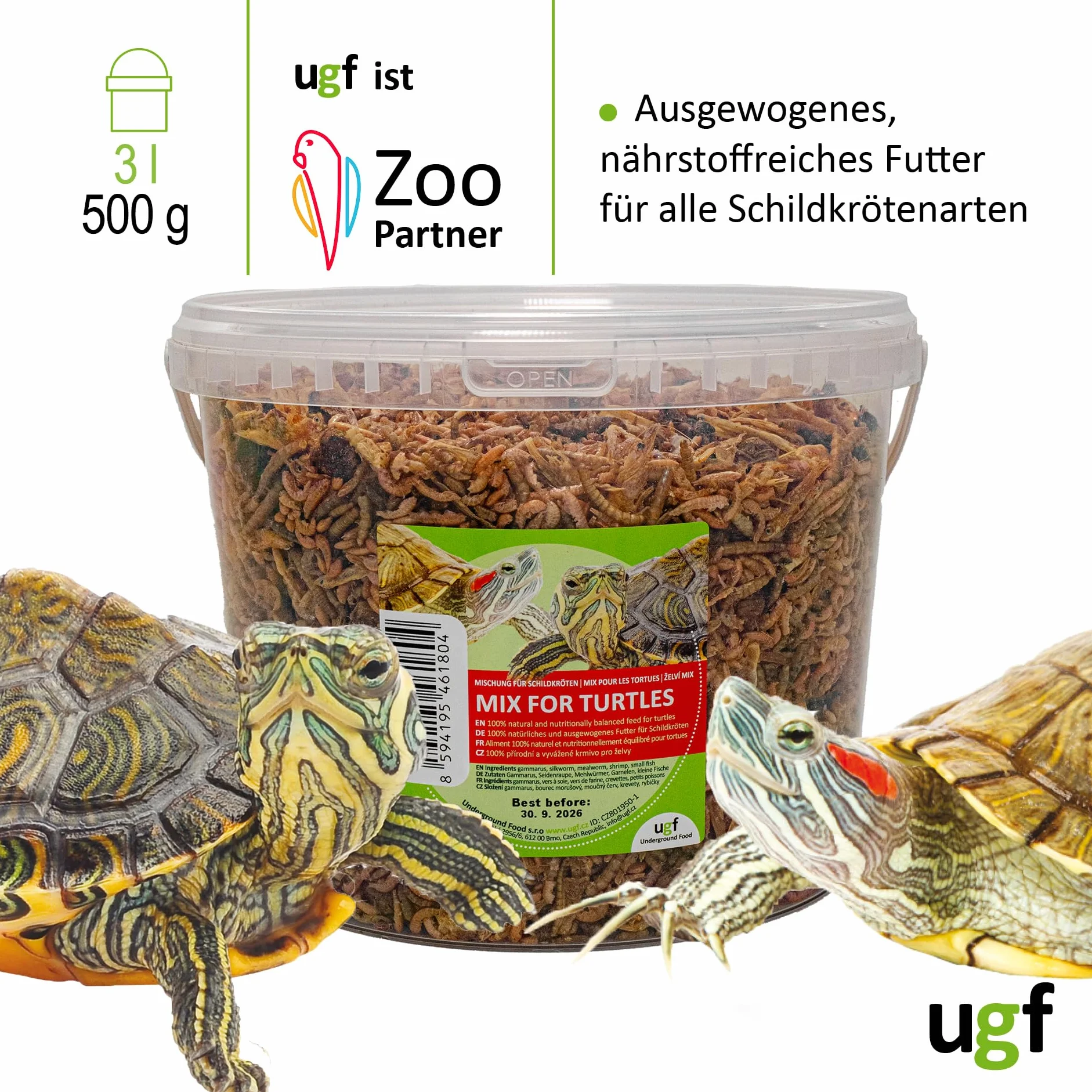UGF - Mix universale di cibo per tartarughe - 500 g in un secchio da 3 litri, cibo bilanciato per tartarughe, gammarus, bachi da seta, vermi della farina, gamberetti e pesce essiccato