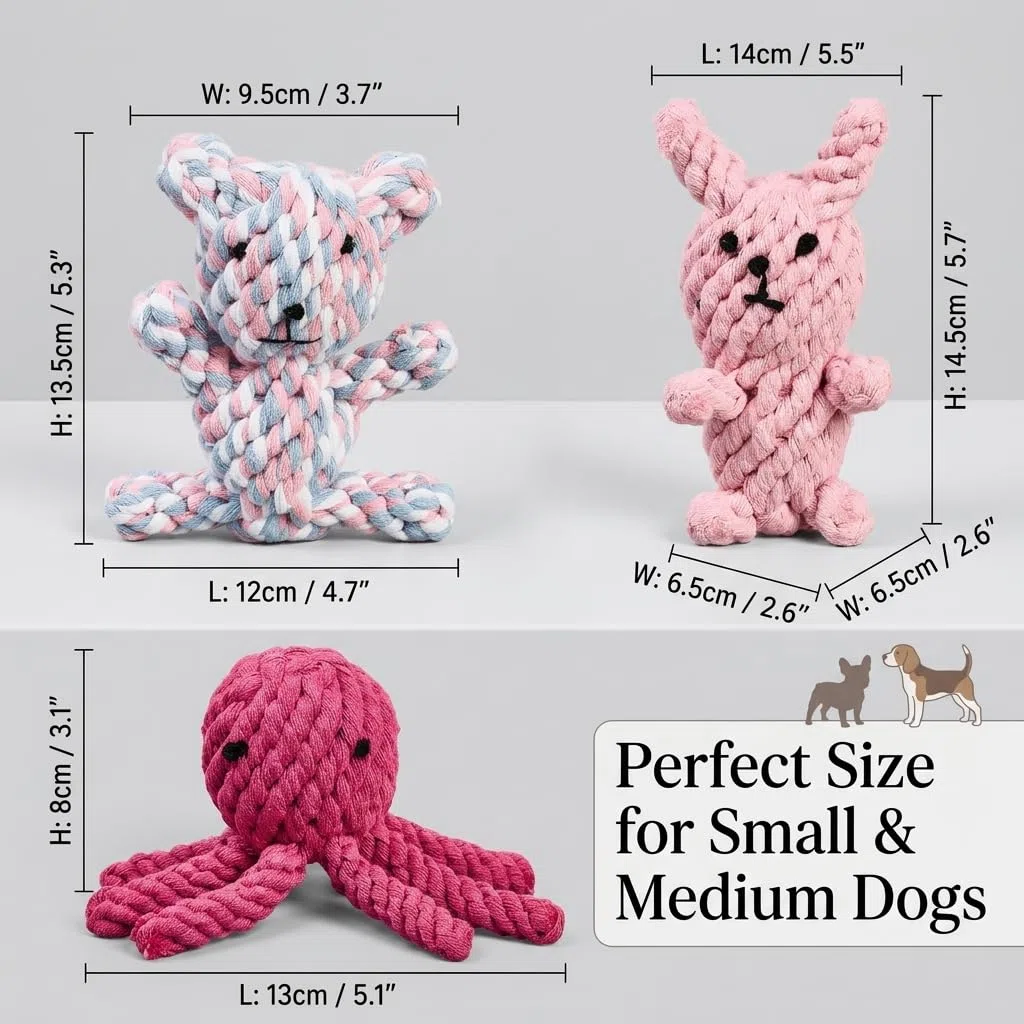 NEXUS - Set da 3 giocattoli per cani in corda di cotone, design carino, giocattolo da masticare resistente per cani piccoli e medi, gioco interattivo N16TOYPROJECT01