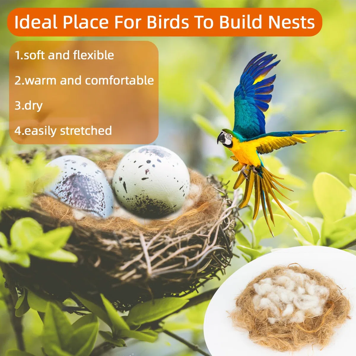 Sukh Confezione da 3 materiali per nidificazione per uccelli, nidi di uccelli, colibrì, nidificazione di canarini, fringuelli, parrocchetti, gabbie, giardini, tronchi d'albero (120 g)