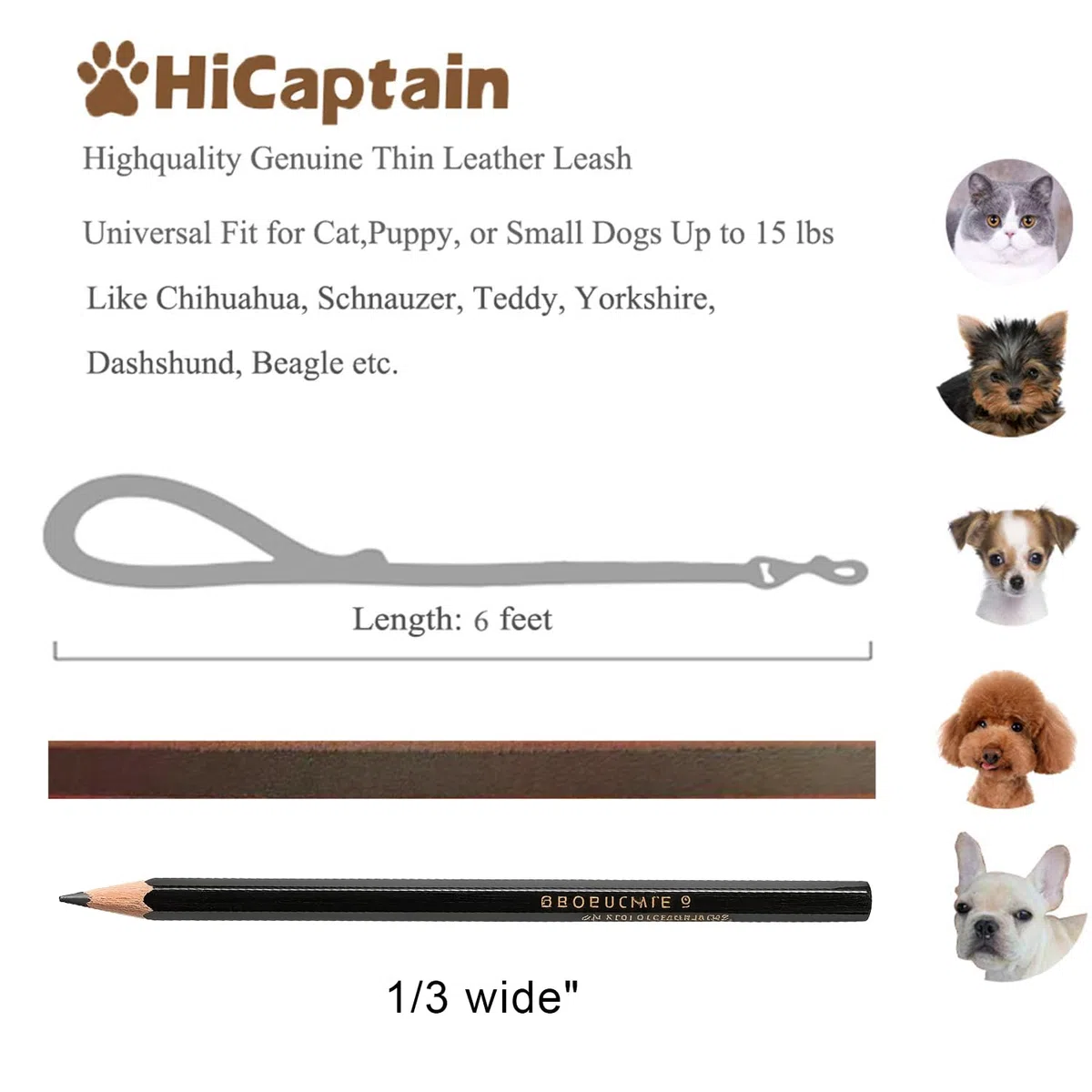 HiCaptain - Guinzaglio per cani in pelle sottile e gatti di piccola taglia fino a 15 – 30 libbre, Guinzaglio cane da 1/3 inch Wide, 6 Feet
