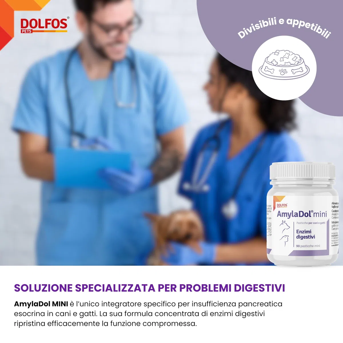 Dolfos AmylaDol MINI 90 Compresse, Integratori per Cani e Gatti con Enzimi Pancreatici, Supporto Professionale per Insufficienza Pancreatica e Disturbi Digestivi